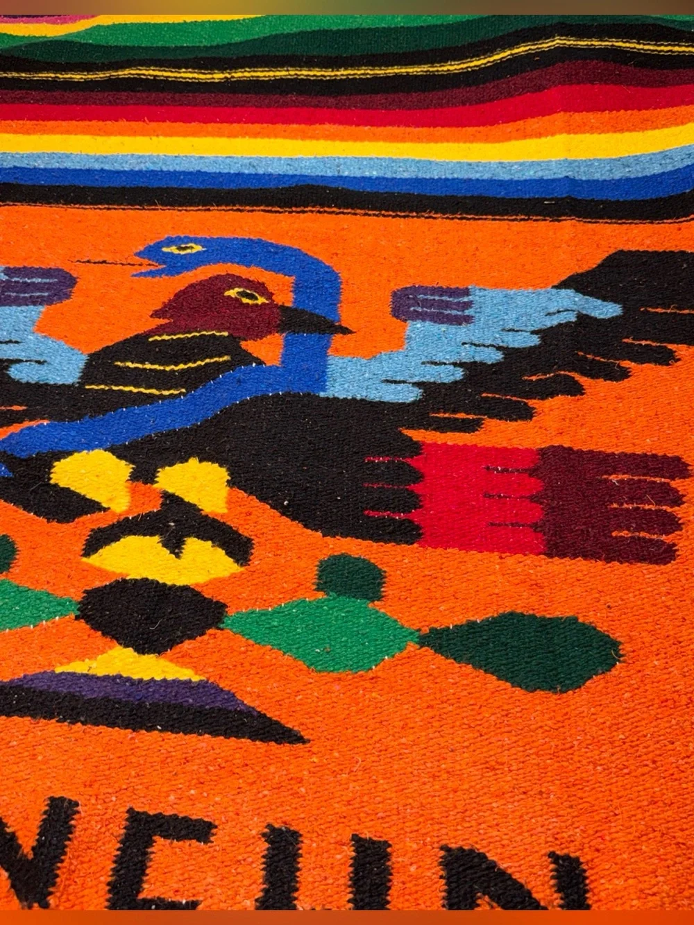 Vintage Hand Woven CANCUN Mexico Rainbow Blanket Throw Eagle Snake 80” X 50” Vtg